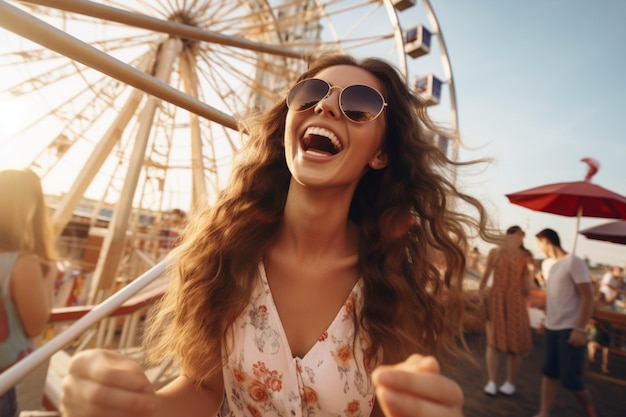 Outdoor shot of attractive young female with brown long hair making selfie with her smartphone over