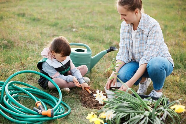 庭仕事をしている家族の屋外ショット母親が若いラズベリー植物を植え、女性の子供娘が穴を掘り、ベリーの茂みや花を植える方法を学びます