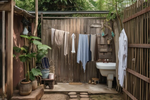 Photo outdoor shower with clotheslines and various items of clothing