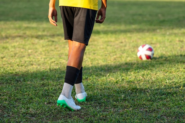 Outdoor soccer player kicking a football on a grass sport field