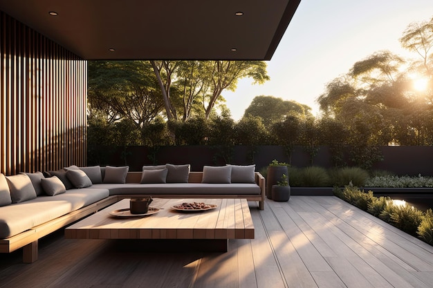 The outdoor space on the upper level of a contemporary twostory house in a suburban area of Melbourn