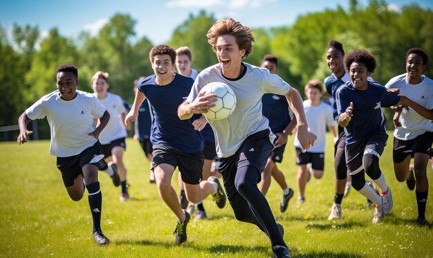 An outdoor sports field students participate in friendly matches showcasing their athletic skills