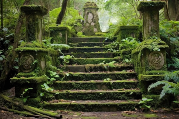 Outdoor stone staircase with moss and ivy created with generative ai