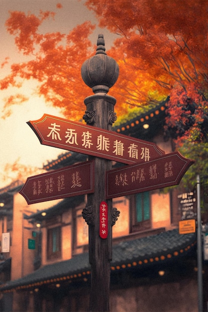 Outdoor street name sign in Chinese towns illustration granular texture