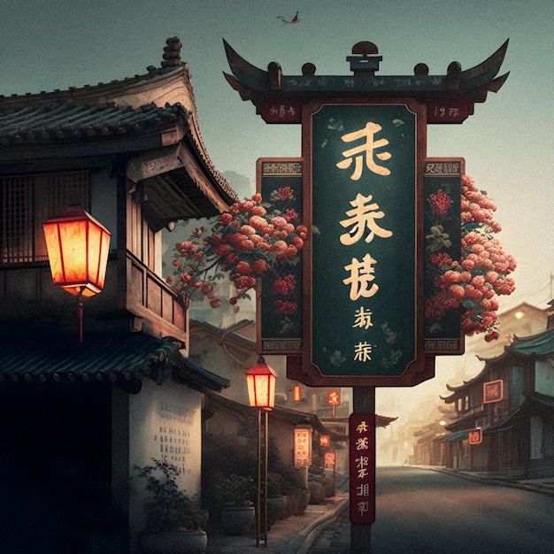중국 마을 그림 세분화 된 질감의 야외 거리 이름 로그인