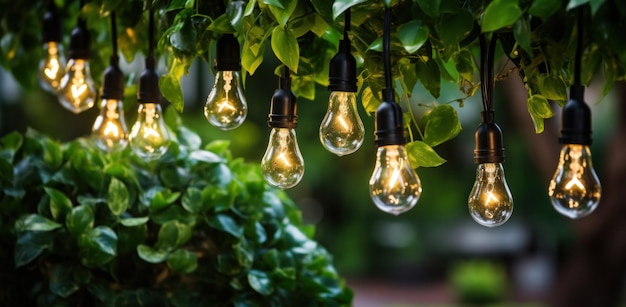 Foto luci all'aperto con lampadine e luci con foglie verdi