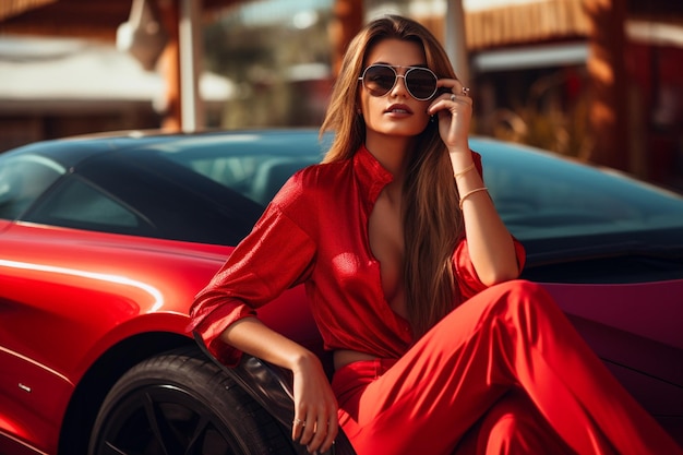 写真 豪華な赤いスポーツカーに座っているスタイリッシュな女の子の屋外夏の画像