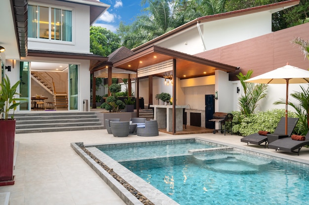 Outdoor swimming pool with counter bar in pool terrace