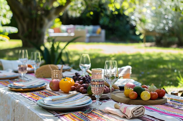 Outdoor table set with tablecloth in the garden Generative AI