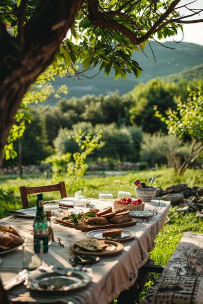 Outdoor table set with tablecloth in the garden Generative AI