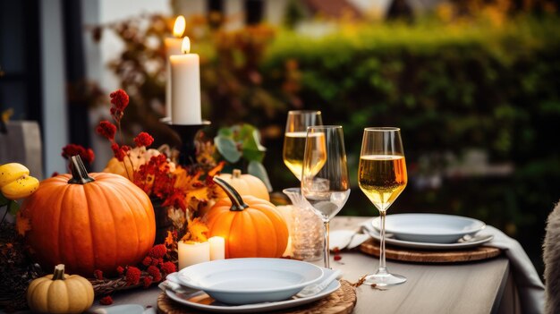 Outdoor Thanksgiving table with pumpkins and candles