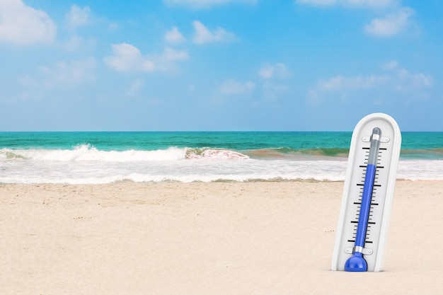 Outdoor Thermometer op een zomer zandstrand achtergrond 3D-rendering