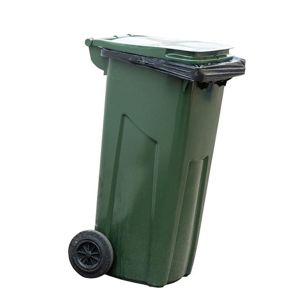 Outdoor trash can on wheels with a black bag isolated