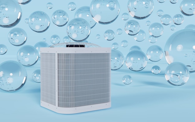 Photo outdoor unit of the air conditioner on the background of glass balls 3d