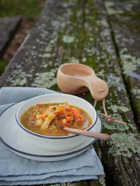 Outdoor winter hot meal plate of vegetable soup with carrot and potato on a picnic table