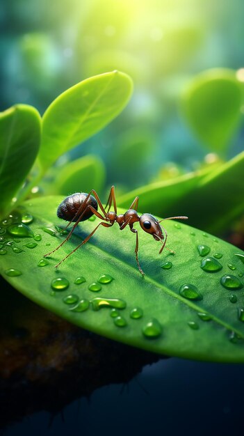 野外 の 作業 者 の 緑 の 葉 の 上 に いる 小さな アリ