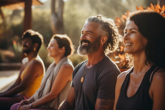 Outdoor Yoga Class Group of Mature Men and Women Generative Ai