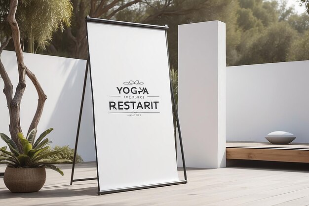 Photo outdoor yoga retreat banner signage mockup with blank white empty space for placing your design