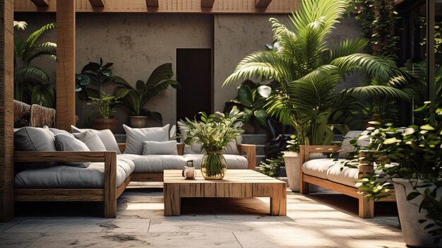 緑の植物と熱帯デザインの屋外禅のリビングルーム