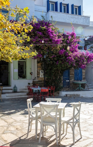 Outdoors cafe on paved yard at Tinos island Dio Choria village Cyclades Greece Vertical