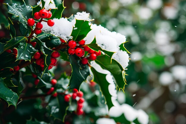 Photo outdoors a cluster of holly berries with green leaves is coated in snowthe traditional christmas