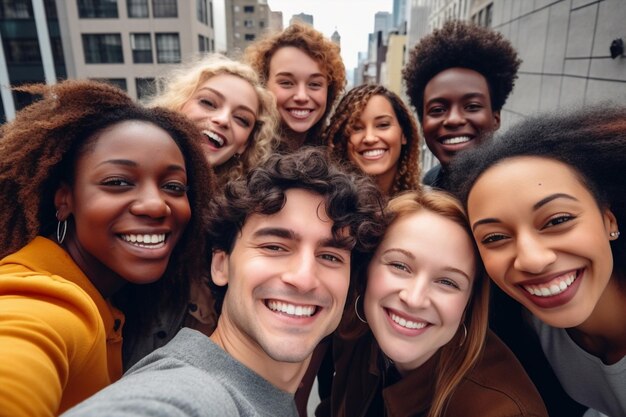 Foto all'aperto ridendo gruppo amicizia sorridente ritratto donne allegro stile di vita caucasico felice amici uomini adulti giovani selfie persone divertenti