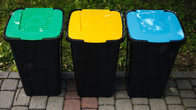 Photo outdoors in the park is recycling bins different colours tree closed plastic bins green yeallow and