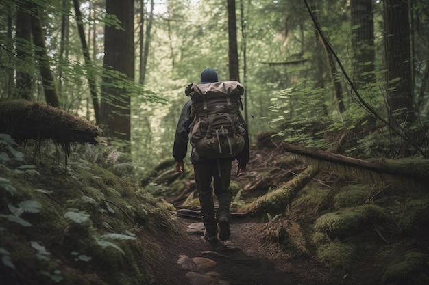 Outdoorsman venturing deep into the forest on a trail less traveled created with generative ai