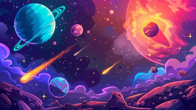 Outer space background with alien planets stars smoke and flying stones Cartoon illustration of galaxy with nebula