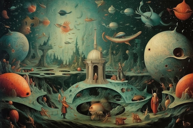 Foto lo spazio esterno popolato da mostri se dipinto da hieronymus bosch grottesche e simbolismo olandese illustrazione generativa ai