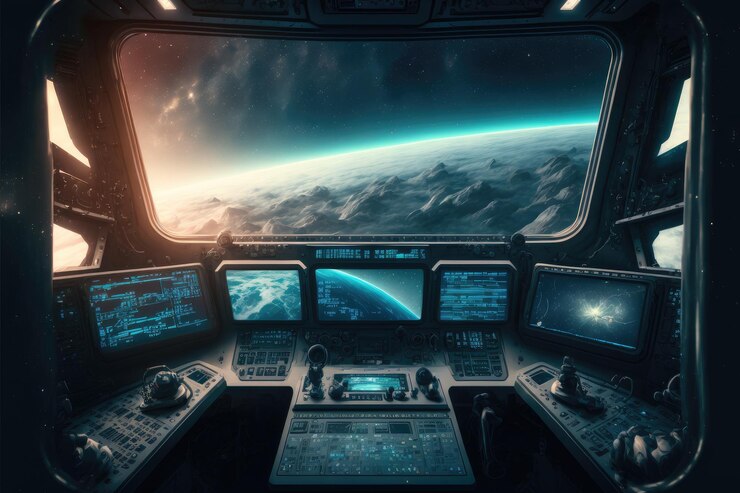 Photo outer view of spaceship window with control system room