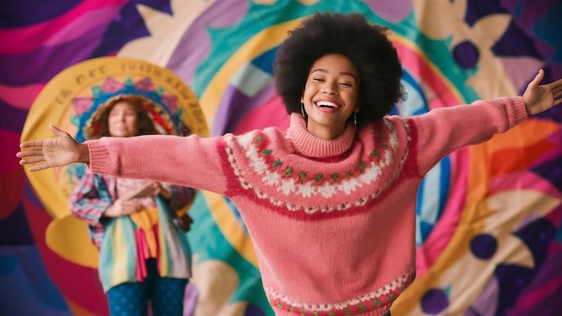 Outgoing carefree woman with an afro posing in a pink sweater