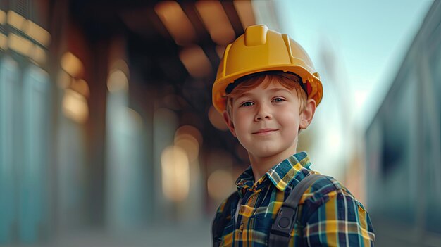 outhful builder Smiling child near a white wall exploring career possibilities