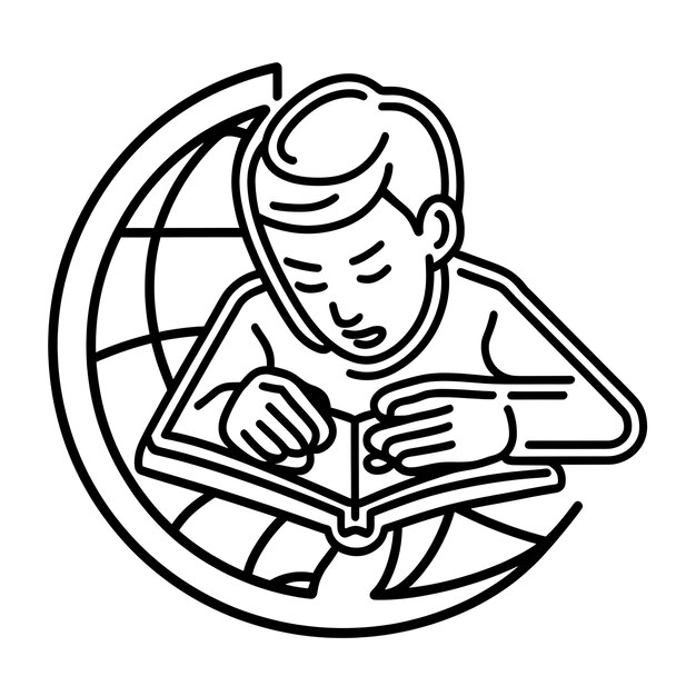 an outline drawing of a man reading a book with a globe