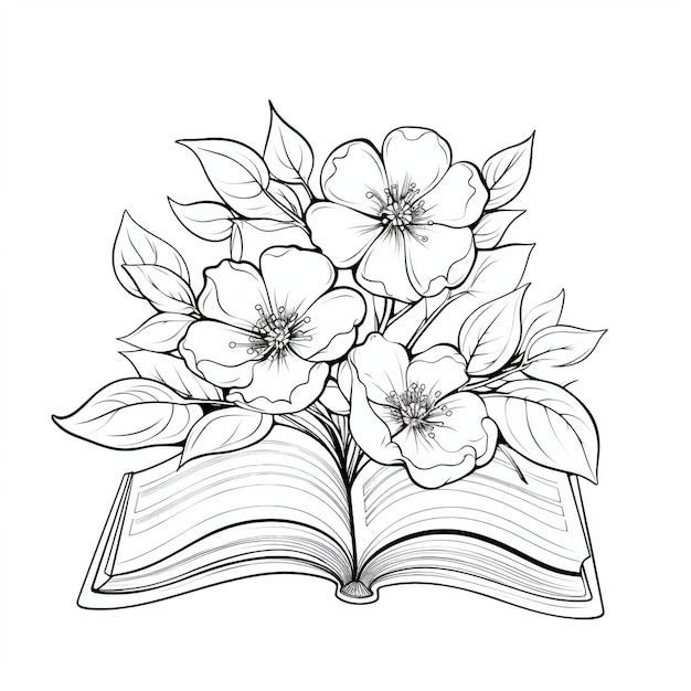 Foto disegno di contorno libro aperto di fiori linee nere sfondo bianco disegno pulito e semplice colo