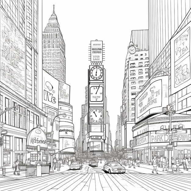 Photo outline drawing of times square in new york to color and paint