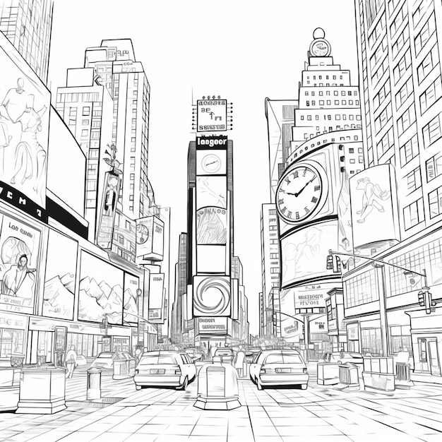 outline drawing of Times square in New York to color and paint