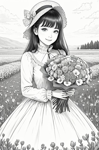 Outline drawing young girl holding flowers cartoon anime lineart black and white manga illustration