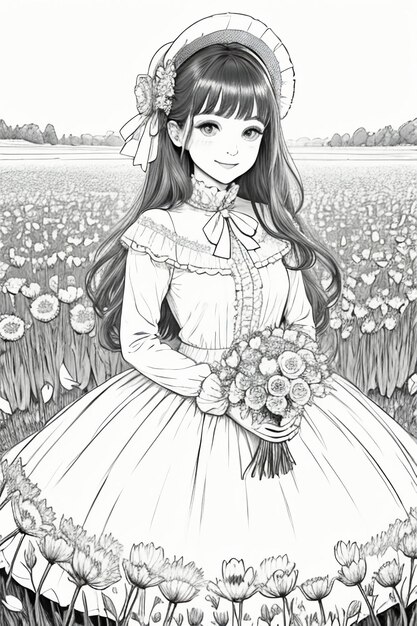 Outline drawing young girl holding flowers cartoon anime lineart black and white manga illustration