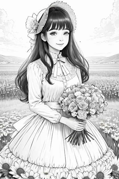 Outline drawing young girl holding flowers cartoon anime lineart black and white manga illustration