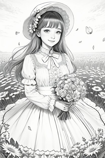 Outline drawing young girl holding flowers cartoon anime lineart black and white manga illustration