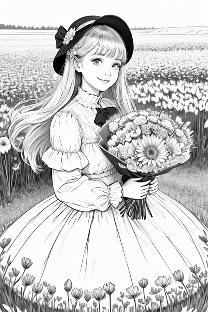 Outline drawing young girl holding flowers cartoon anime lineart black and white manga illustration