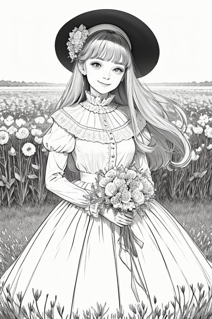 Outline drawing young girl holding flowers cartoon anime lineart black and white manga illustration