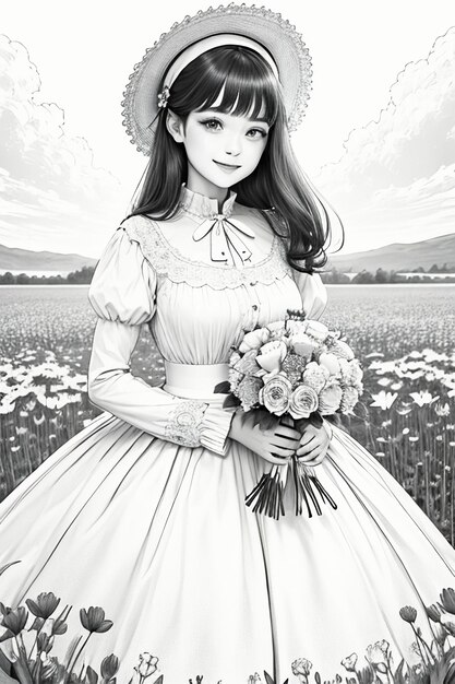 Outline drawing young girl holding flowers cartoon anime lineart black and white manga illustration