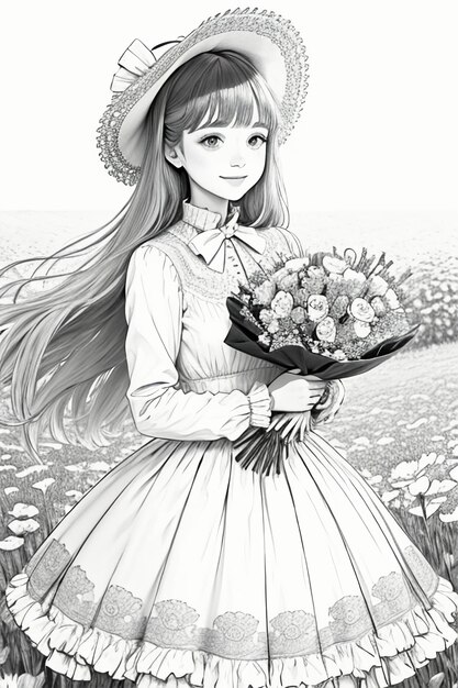 Outline drawing young girl holding flowers cartoon anime lineart black and white manga illustration