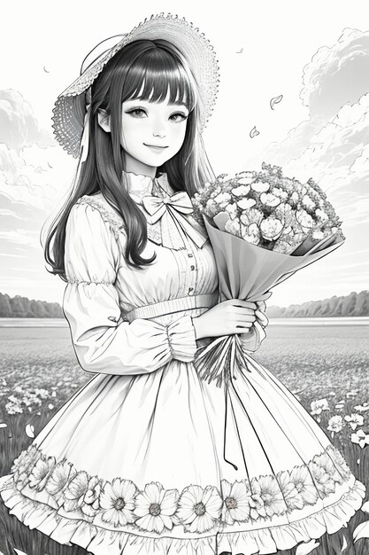 Outline drawing young girl holding flowers cartoon anime lineart black and white manga illustration