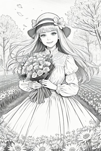 Outline drawing young girl holding flowers cartoon anime lineart black and white manga illustration