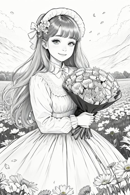 Outline drawing young girl holding flowers cartoon anime lineart black and white manga illustration