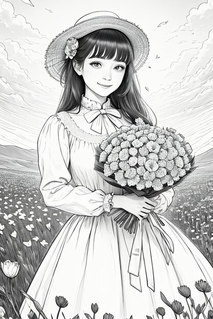 Outline drawing young girl holding flowers cartoon anime lineart black and white manga illustration