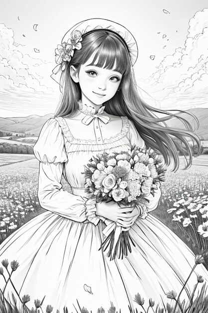 Outline drawing young girl holding flowers cartoon anime lineart black and white manga illustration